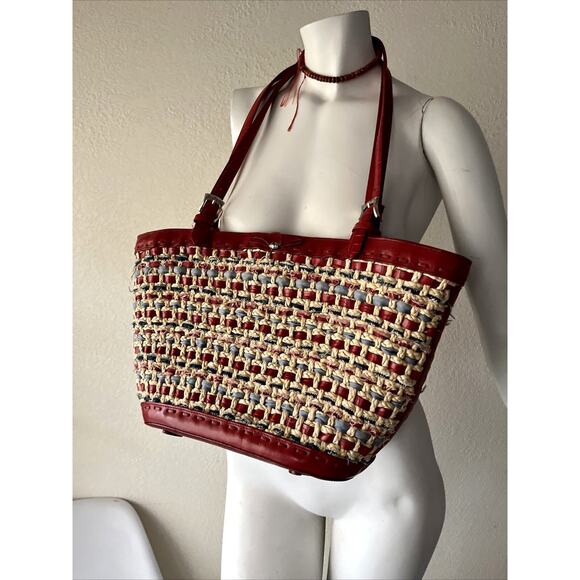 BRIGHTON Woven Red Leather Trim Tote Bag Heart Charm Paisley America RWB USA - Picture 8 of 16
